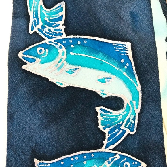 Vintage 60’s Hand Painted Signed Designer Silk Necktie Blue Silver Salmon EUC - Picture 6 of 11